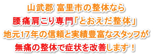 山武郡 富里市 整体なら腰痛肩こり専門の「とおえだ整体」地元16年の信頼と実績豊富なスタッフが無痛の整体で症状を改善します！！